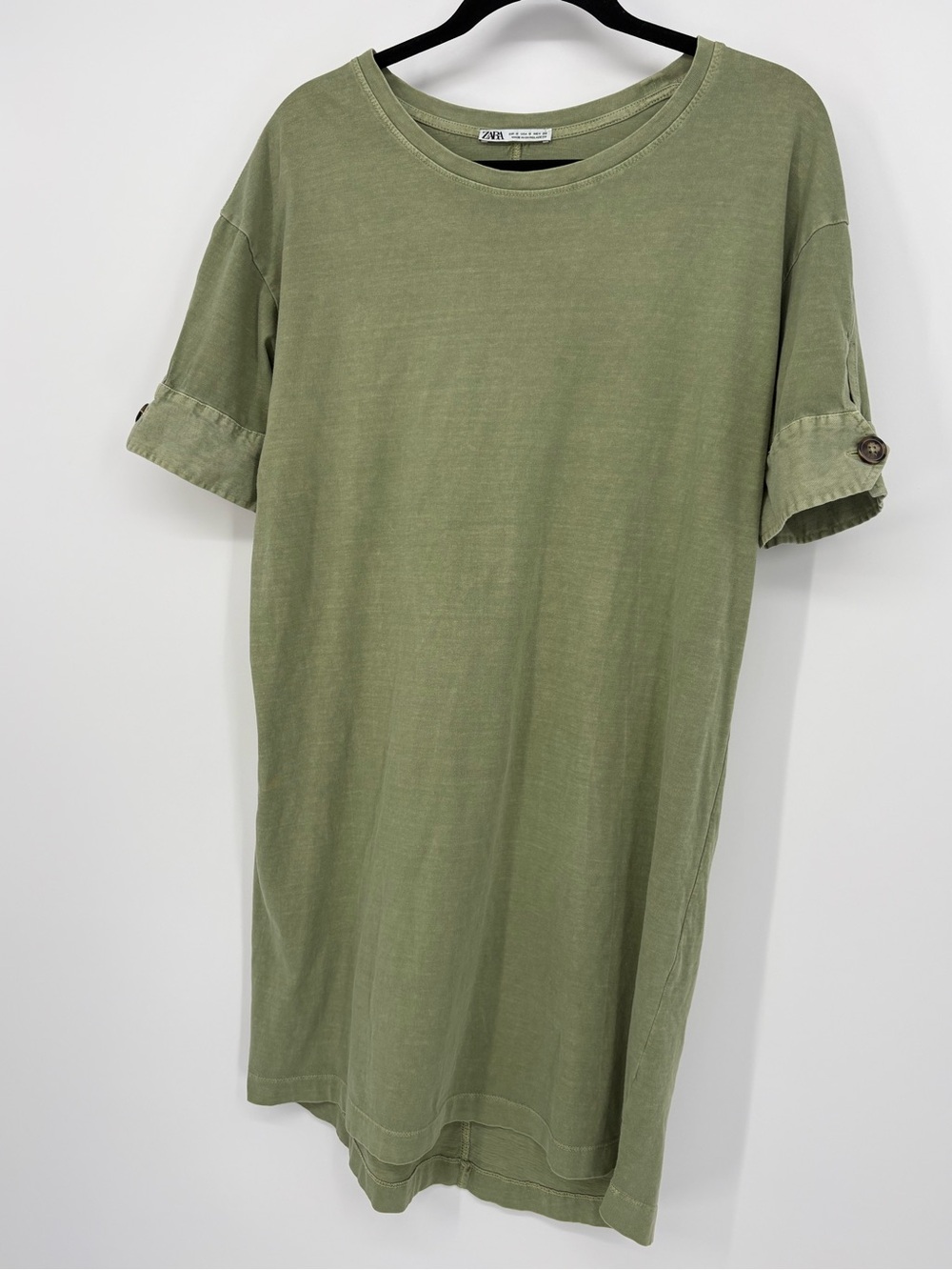 Zara Dress Olive Green Midi T-Shirt with Button-Tab Sleeves Womens Small